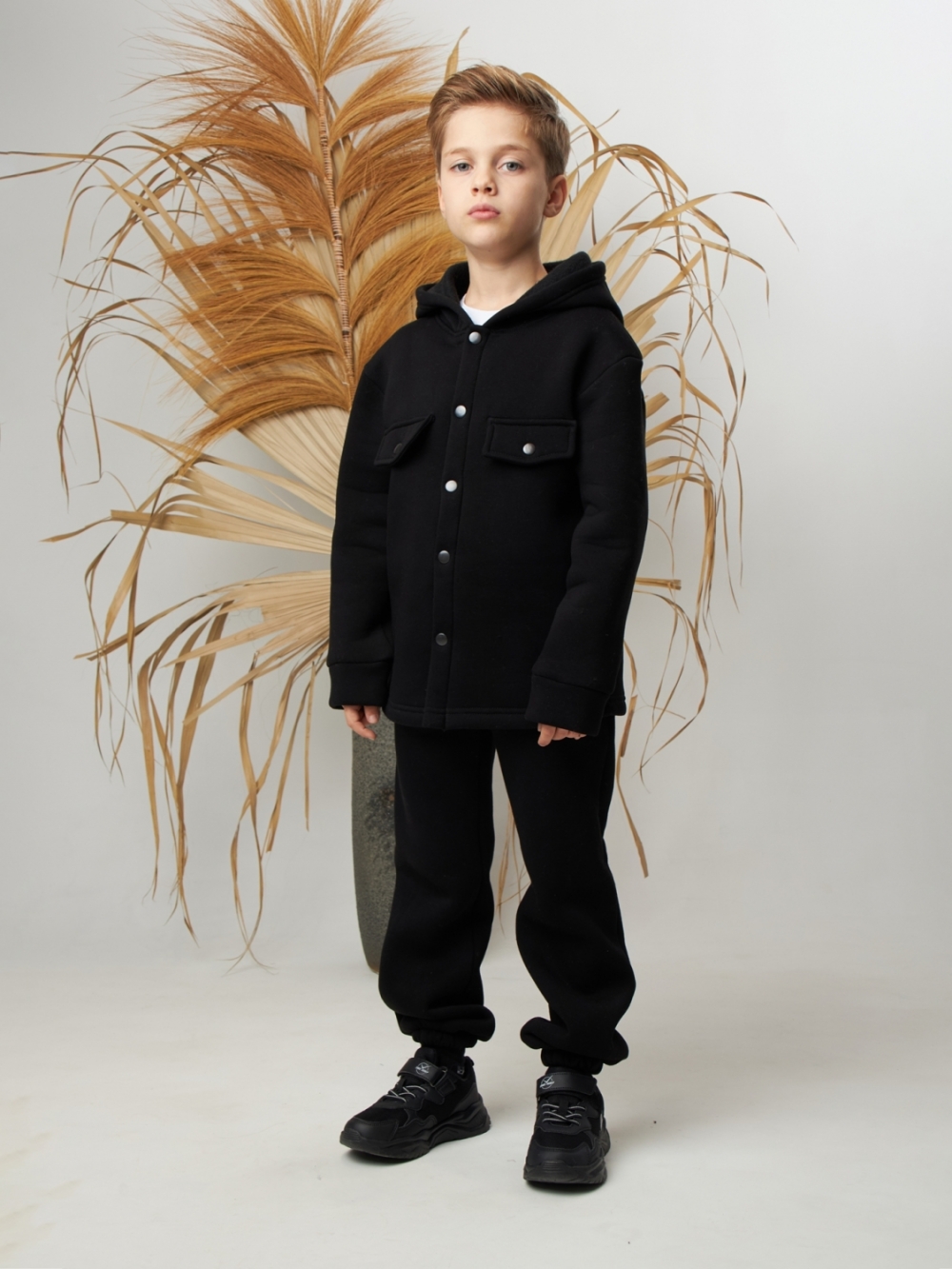 333. Костюм детский (Брюки+Толстовка) на кнопках, черный, хлопок 65%, 35% ПЭ, 3-х нитка с  начесом 122,128,134,140