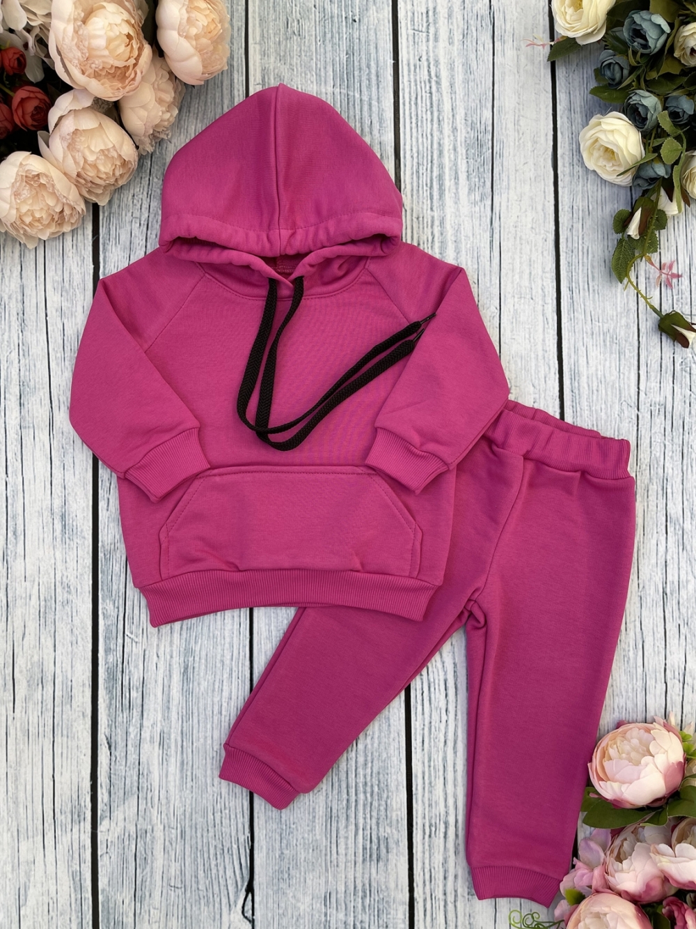311-Ф. Свитшот с капюшоном + Штаны, хлопок 65%, 35% ПЭ, 3-х нитка ( без начеса) фуксия 98,104,110,116