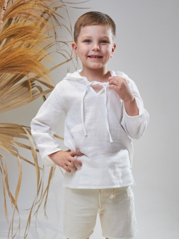 Купить оптом 330-Б. Пляжная детская рубашка, белая, хлопок 100% муслин, размеры 86,92,98,104,110,116 в Череповце