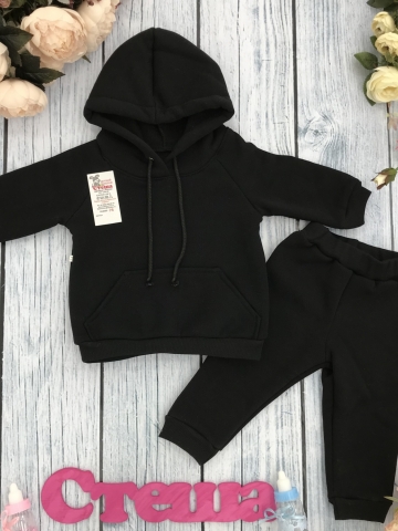 Купить оптом 296-Ч. Свитшот с капюшоном + Штаны, хлопок 65%, 35% ПЭ, 3-х нитка (начес) черный 80,86,92 в Череповце